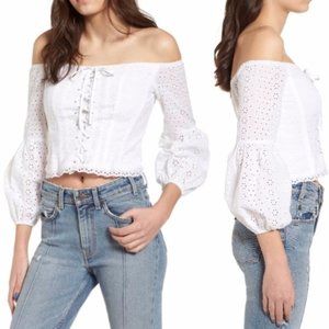 Astr White Eyelet Lace up Off the Shoulder Top XS